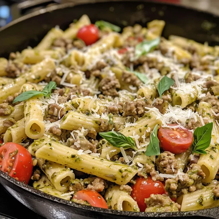A creamy green pasta dish with ground beef and cherry tomatoes in a skillet.