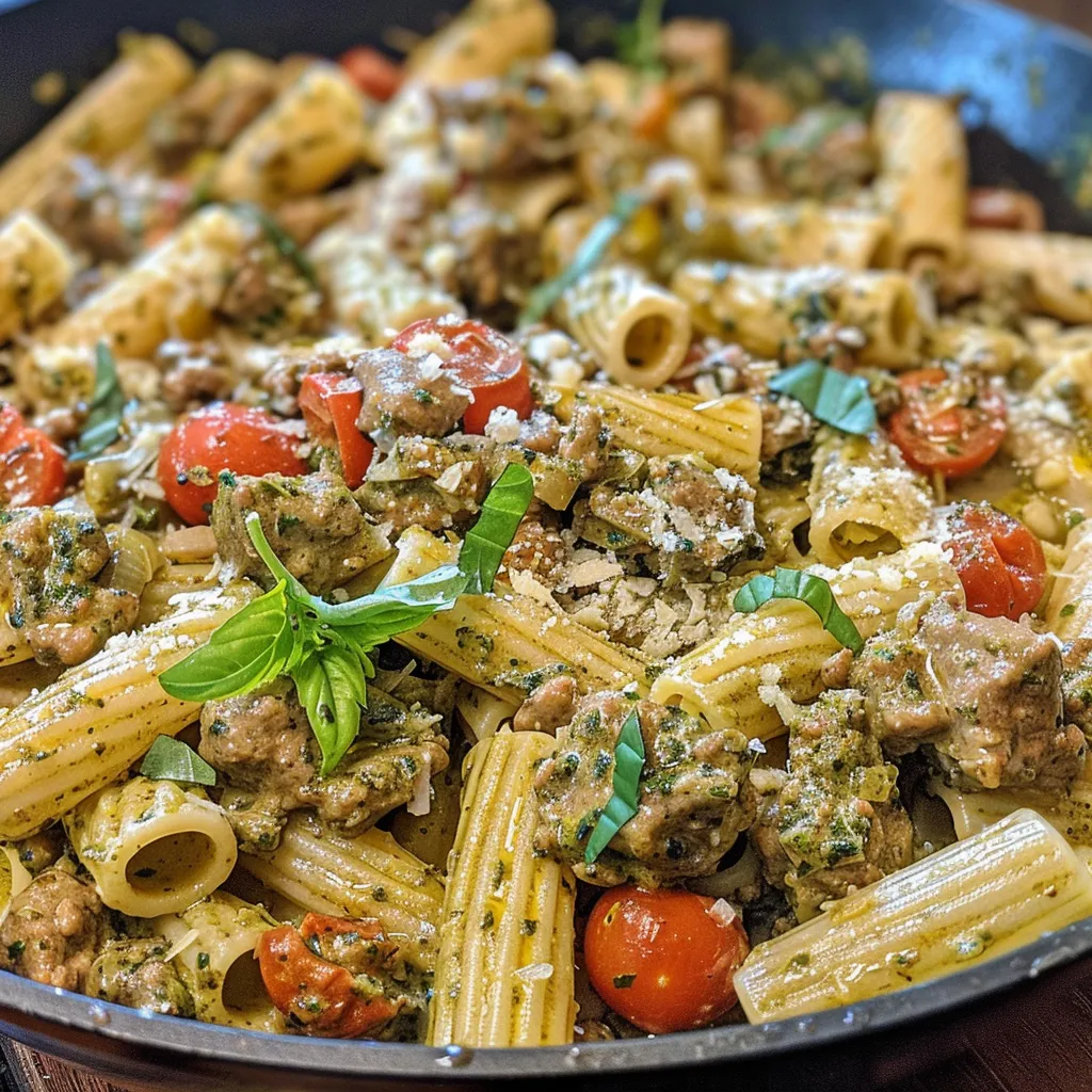 Close-up view of a delicious Creamy Pesto Beef Pasta Skillet with vibrant colors.