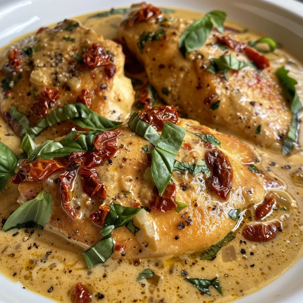 Juicy boneless chicken breast coated in creamy sun-dried tomato sauce.