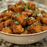Close-up view of golden brown crispy honey garlic chicken pieces on a plate.