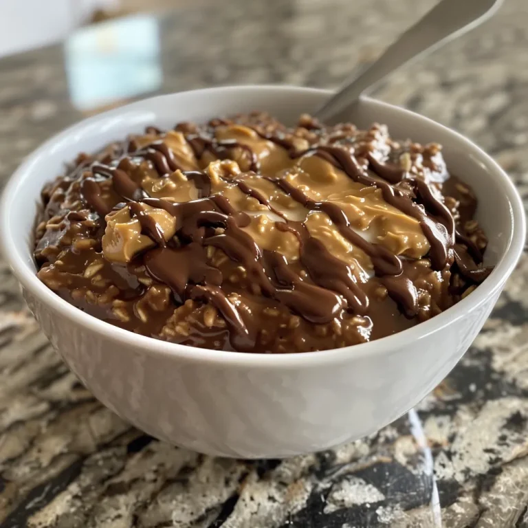 Close-up view of dark chocolate peanut butter oatmeal in a bowl.