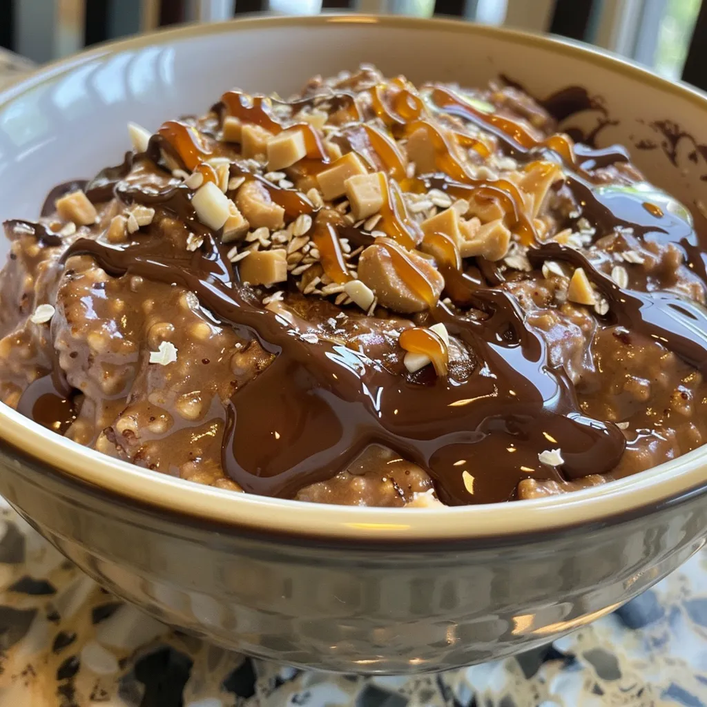 Side view of a creamy oatmeal topped with dark chocolate and peanut butter.