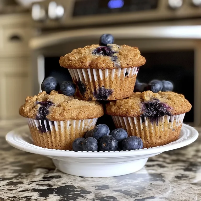 Close-up view of delicious blueberry muffins with oats, showcasing a golden-brown top.