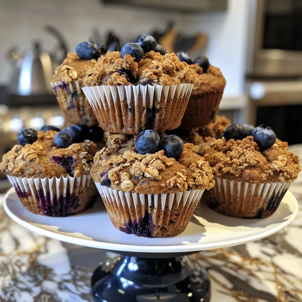 Side view of moist blueberry muffins, highlighting the fresh blueberries and oats visible in the batter.