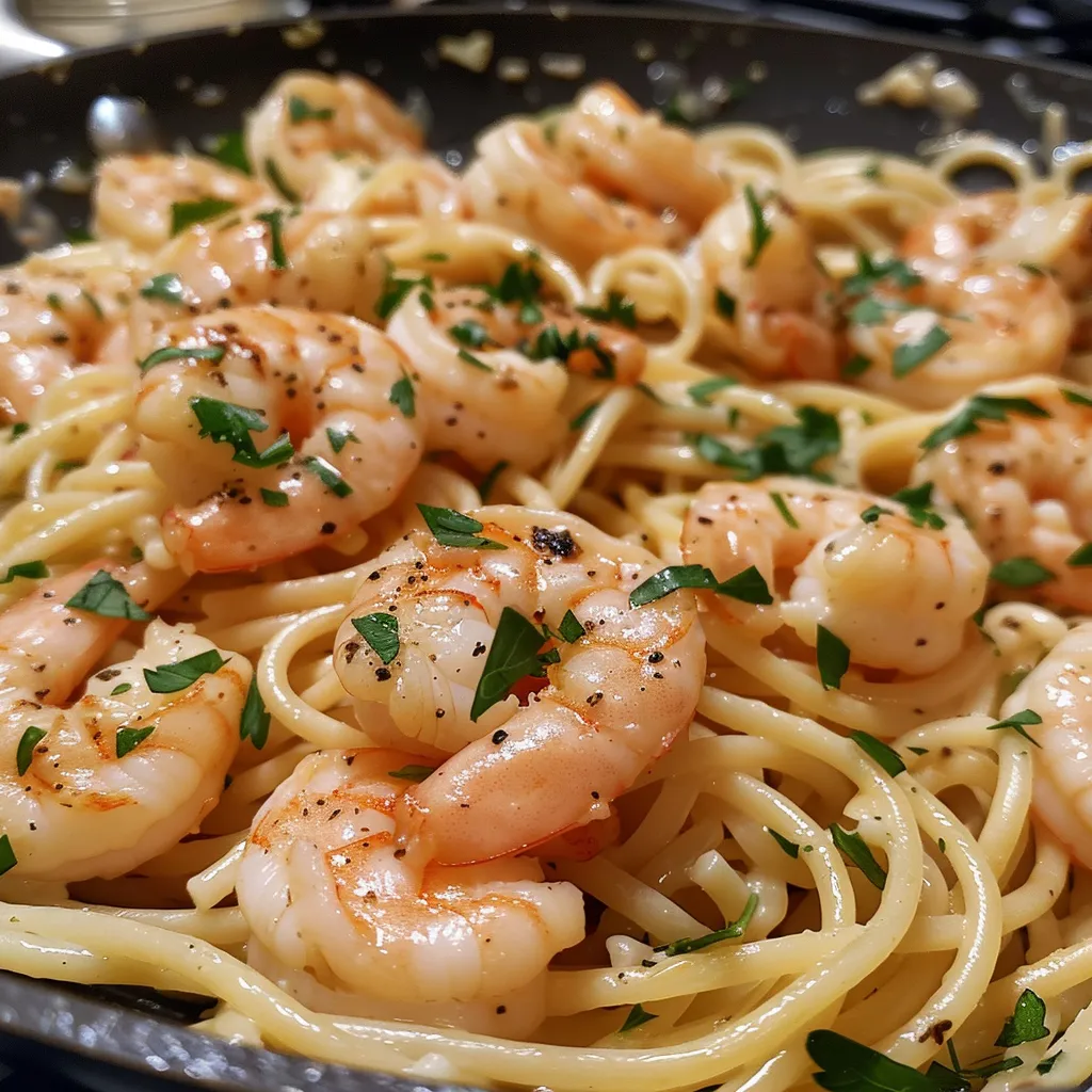 Juicy shrimp nestled in creamy pasta with a bright lemon zest garnish.