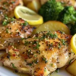 Juicy lemon garlic chicken thighs arranged on a sheet pan with broccoli and potatoes.