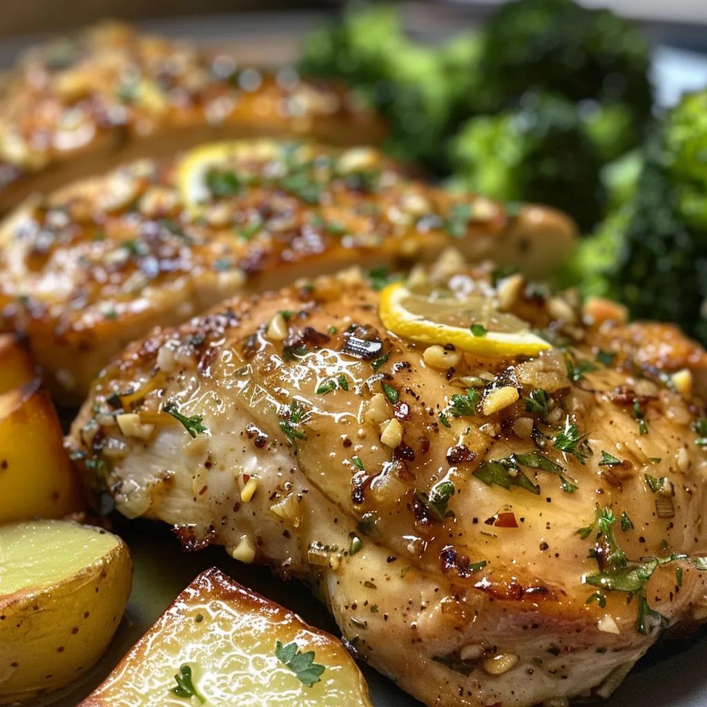 Close-up view of Easy Lemon Garlic Chicken with roasted vegetables on a baking sheet.