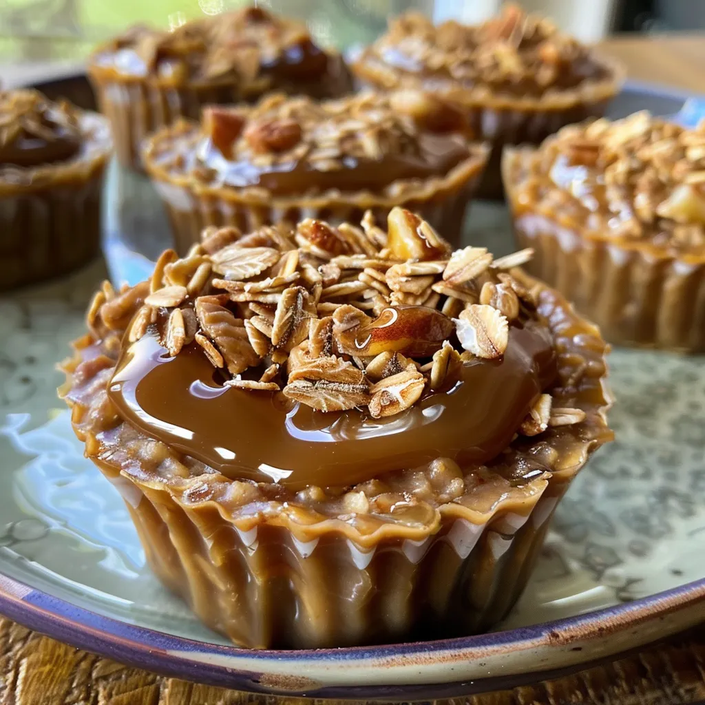 Close-up view of no-bake oatmeal cups showcasing almond butter and rolled oats.
