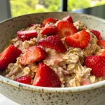 A close-up side view of a bowl filled with strawberry oatmeal topped with fresh strawberries.