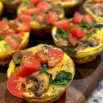 Close-up view of golden-brown Egg Muffin Cups filled with colorful vegetables.