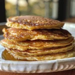 Fluffy cottage cheese pancakes stacked high, with a golden brown exterior.