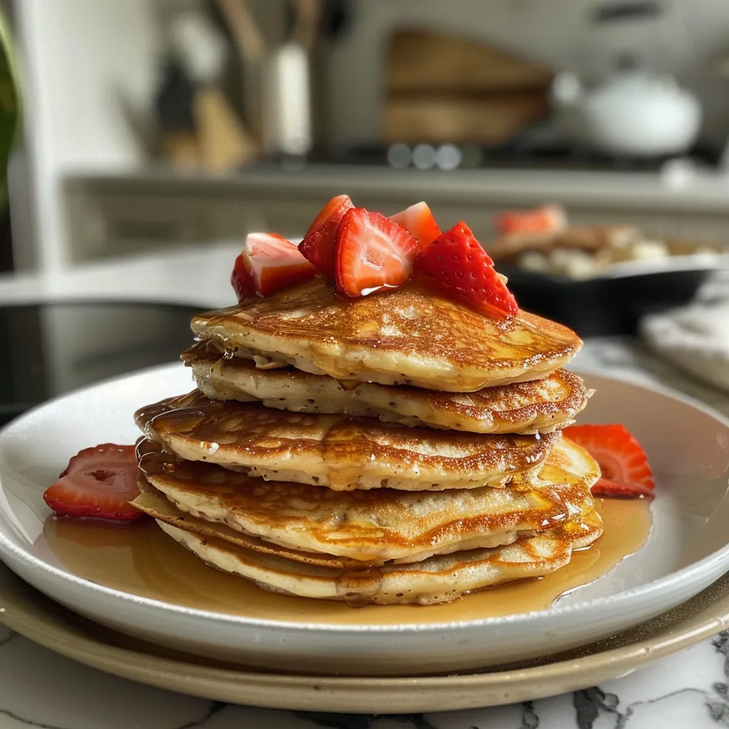 Close-up view of a fork lifting a piece of soft, fluffy pancake, showcasing texture.