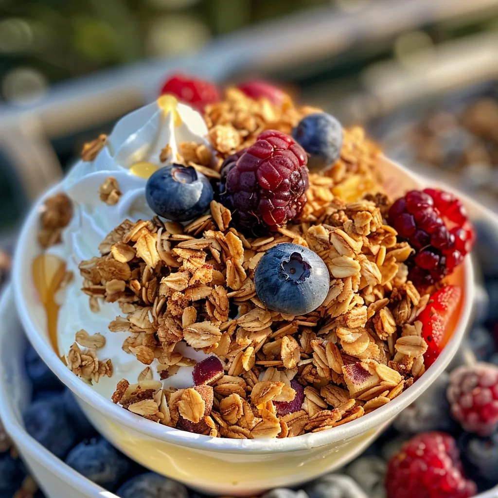 Side view of a colorful Frozen Yogurt Granola Power Cup with granola and yogurt.