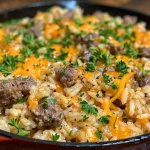 Close-up side view of a savory Garlic Butter Beef and Rice Skillet with melted cheese on top.