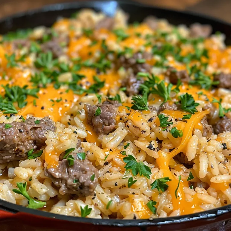 Close-up side view of a savory Garlic Butter Beef and Rice Skillet with melted cheese on top.