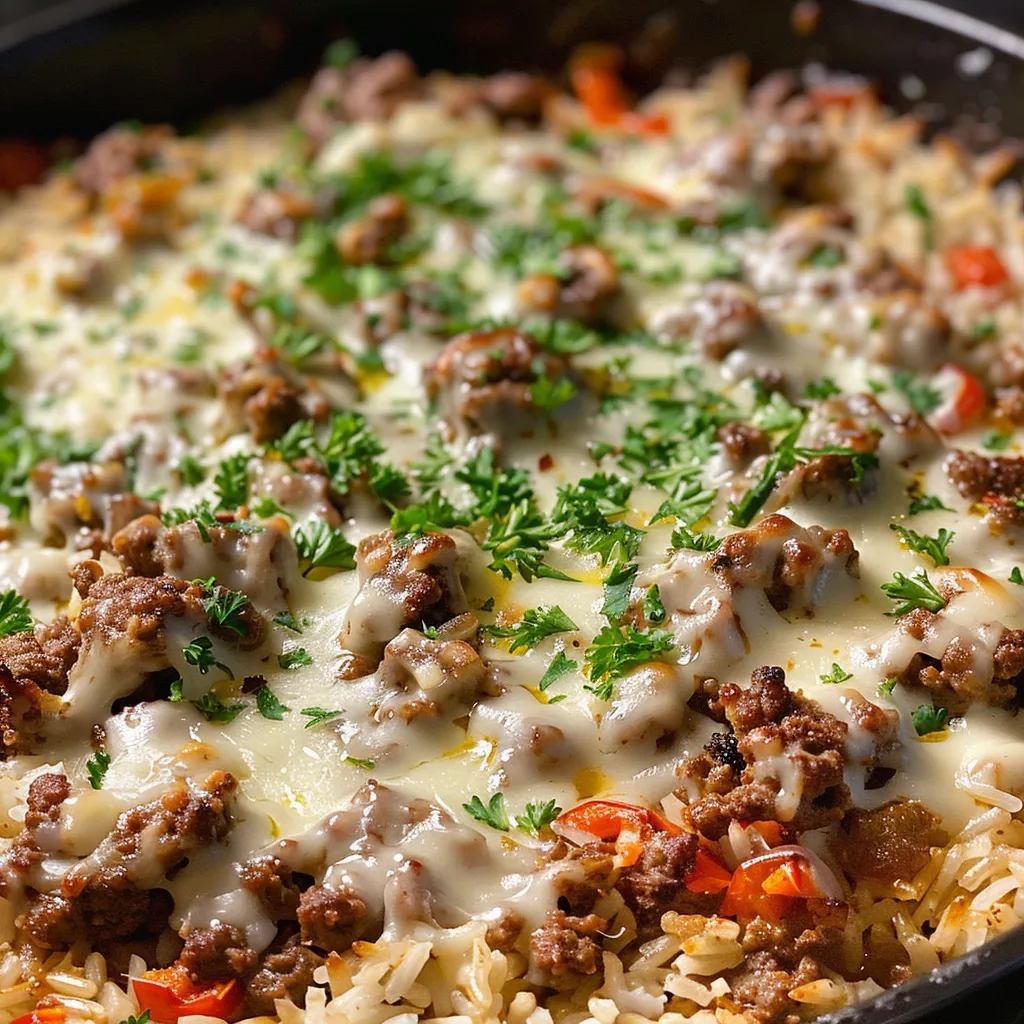 A delicious Garlic Butter Beef and Rice Skillet featuring ground beef and fresh herbs, presented in a skillet.