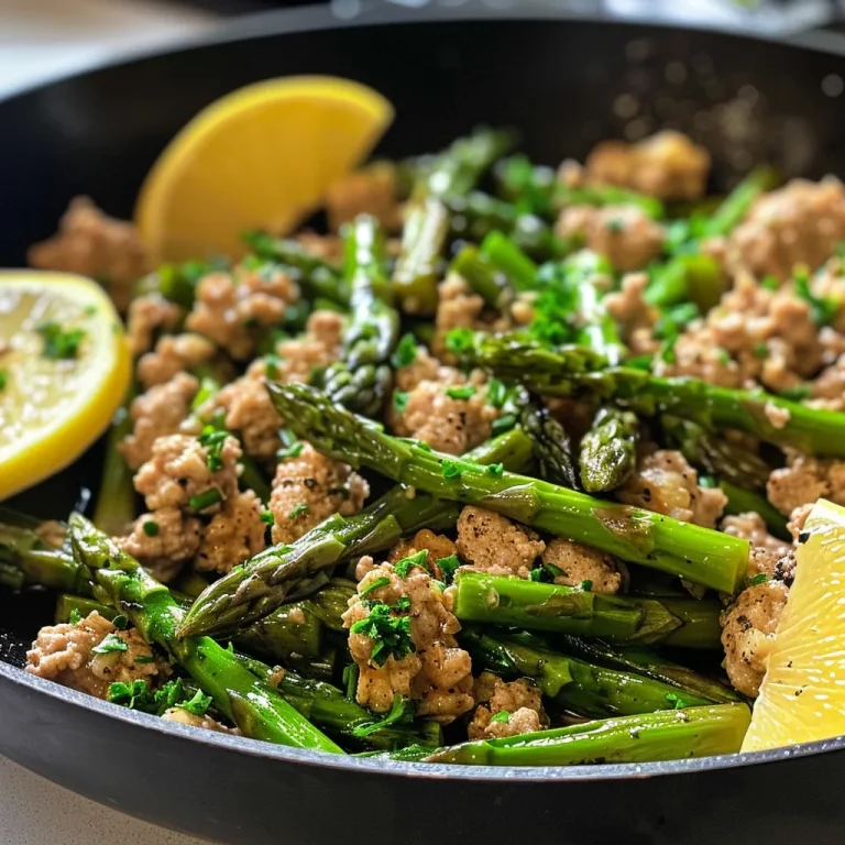 Close-up view of a Garlic Butter Ground Turkey Skillet with asparagus on a wooden table.