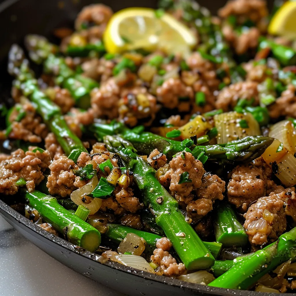 Side profile of a skillet filled with ground turkey and asparagus, garnished with parsley and lemon.