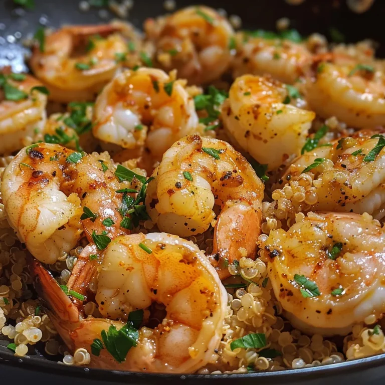 Close-up view of Garlic Butter Shrimp served on a bed of quinoa.