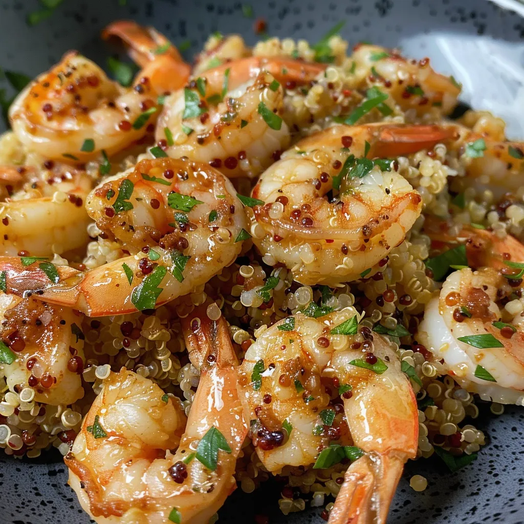 Juicy shrimp in garlic butter with quinoa on a plate.