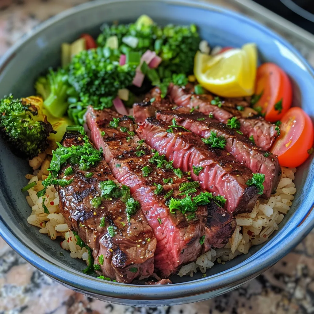 Side view of a delicious Garlic Butter Steak Protein Bowl with colorful toppings and a sprinkle of herbs.