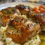 Juicy Garlic Herb Chicken served with fluffy mashed potatoes and vibrant glazed carrots.