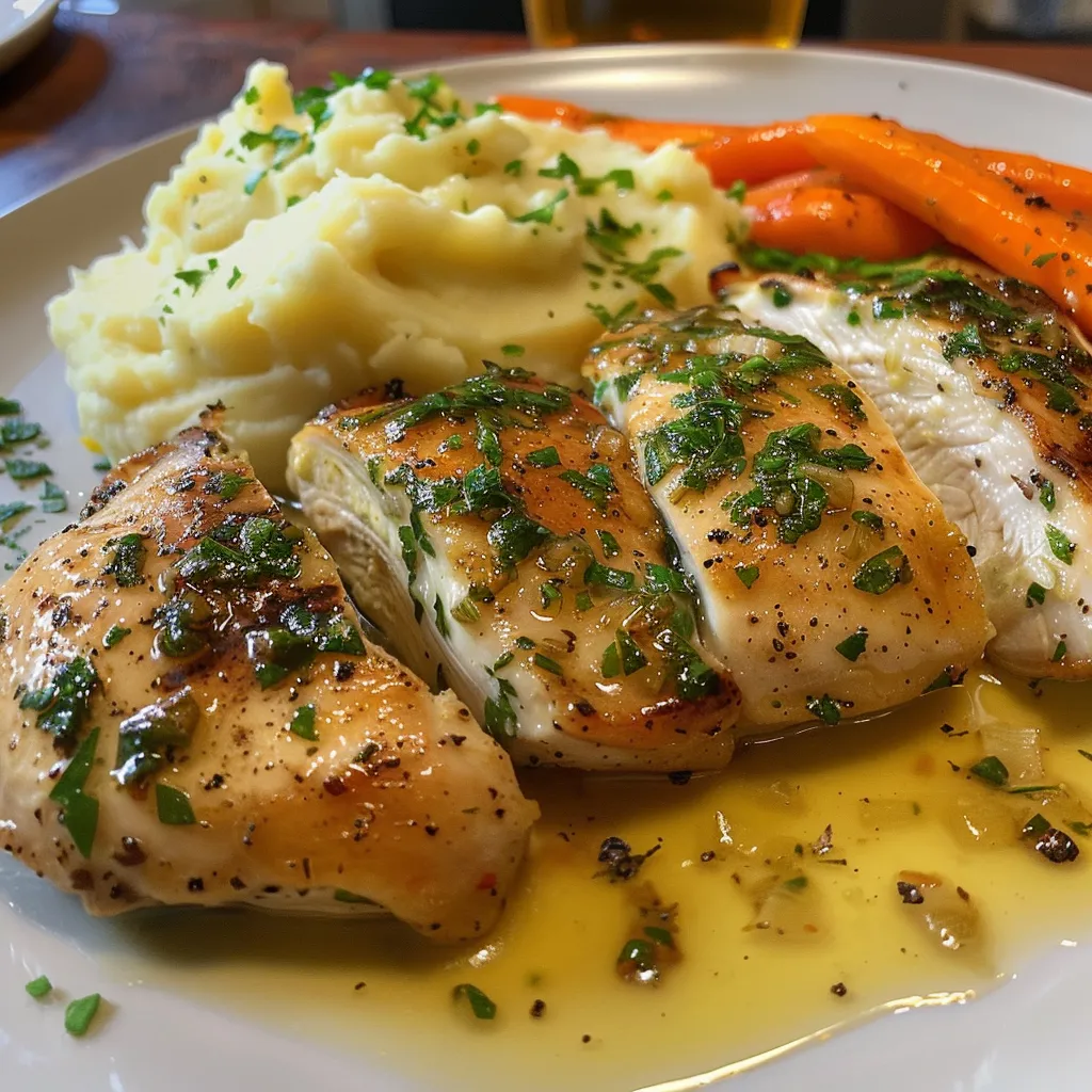 Close-up of succulent Garlic Herb Chicken alongside creamy mashed potatoes and sweet glazed carrots.