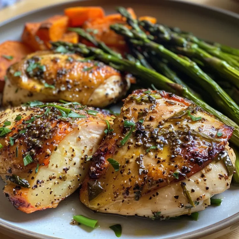 Savor the Simplicity: Garlic Herb Chicken with Sweet Potatoes and Asparagus Close-up of juicy garlic herb chicken with roasted sweet potato and asparagus on a plate.
