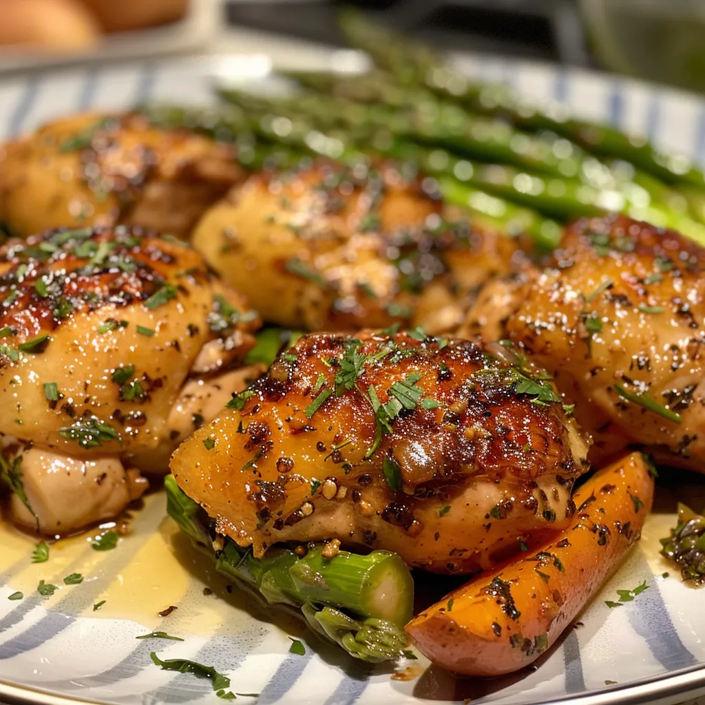 Side view of a colorful dish featuring garlic herb chicken alongside vibrant roasted vegetables.