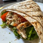 Close-up view of a juicy Garlic Parmesan Chicken Wrap filled with greens and tomatoes.