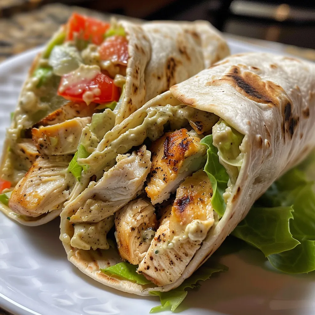 Side angle of a Garlic Parmesan Chicken Wrap showcasing its layers of ingredients.