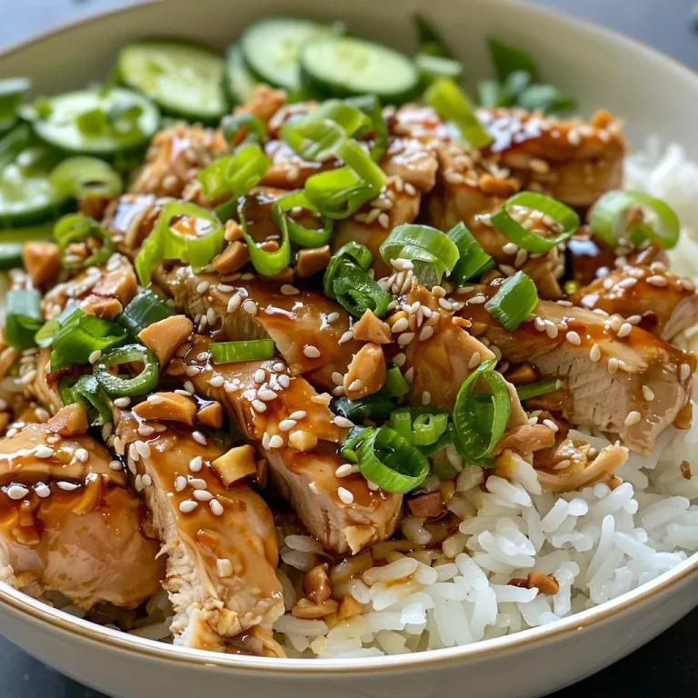 Close-up view of Garlic Soy Chicken Rice Bowl featuring sliced chicken thighs and garnishes.