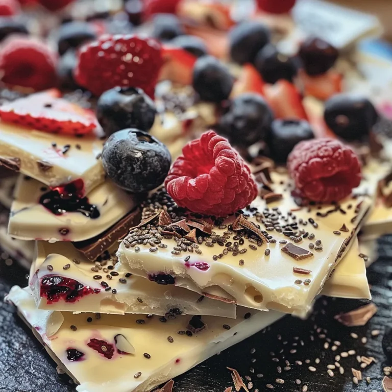 Deliciously Simple High-Protein Greek Yogurt Bark with Berries & Dark Chocolate Close-up view of Greek yogurt bark topped with mixed berries and dark chocolate chunks.