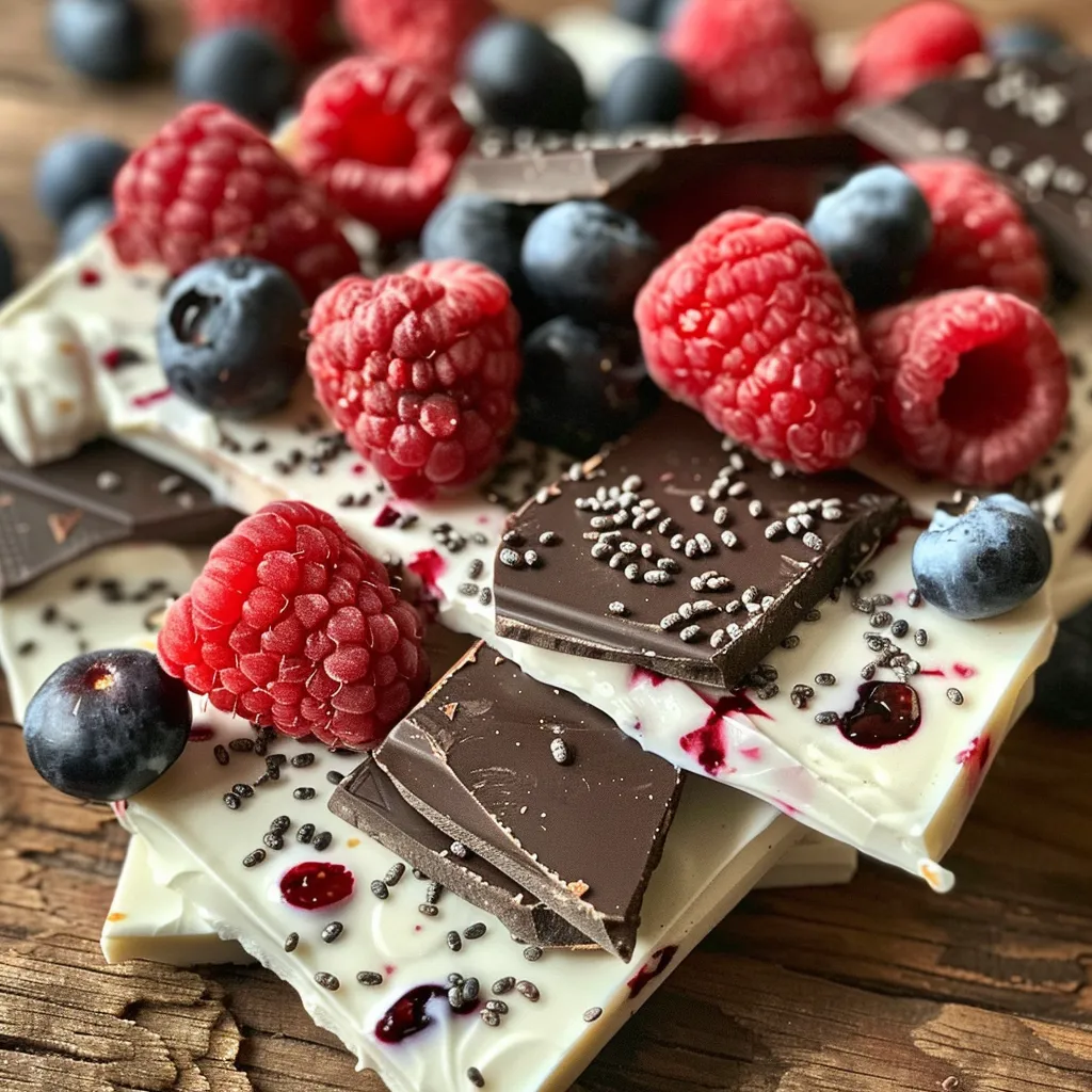 A side angle of yogurt bark displaying vibrant berries and melted dark chocolate.