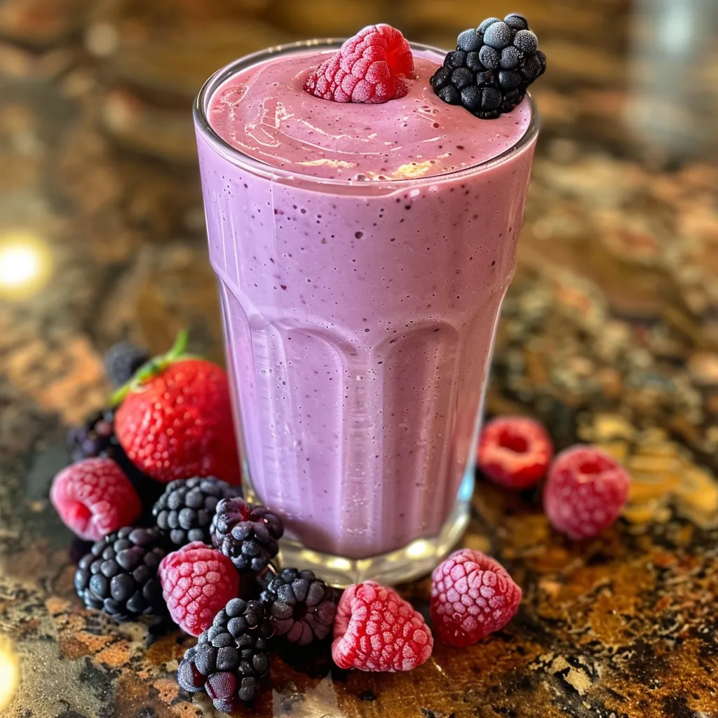 Side view of a delicious smoothie filled with mixed berries and yogurt.