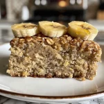 Side view of a moist banana oatmeal snack cake on a plate.