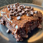 Close-up side view of a healthier chocolate cake topped with mini chocolate chips.