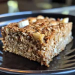 Close-up view of a moist banana oatmeal snack cake with a golden crust.