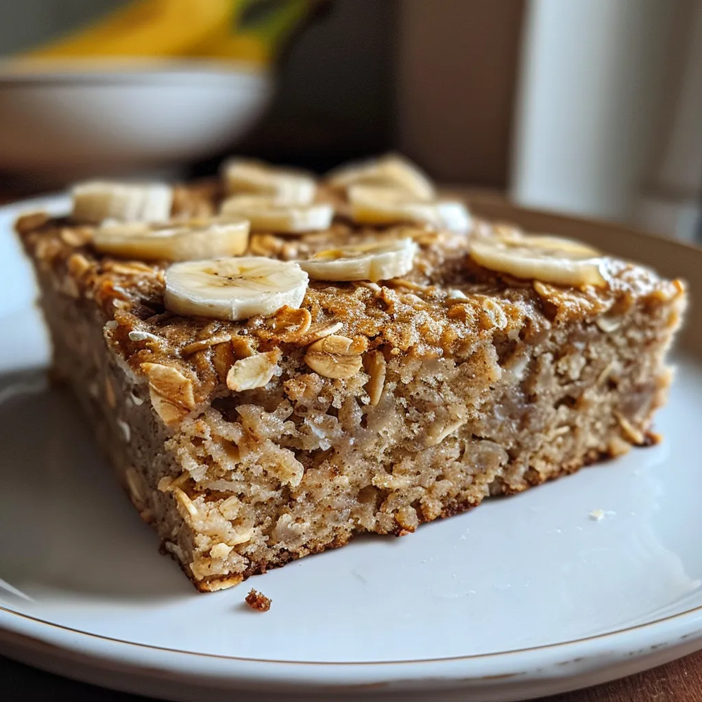 Side view of a healthy banana oatmeal cake topped with banana slices.