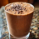 A close-up side view of a creamy chocolate peanut butter smoothie in a glass.