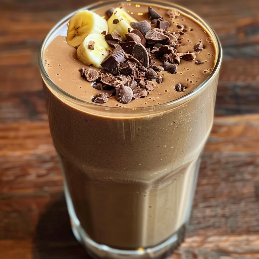 Delicious Healthy Chocolate Peanut Butter Smoothie in a clear glass with a straw, featuring a rich chocolate color.