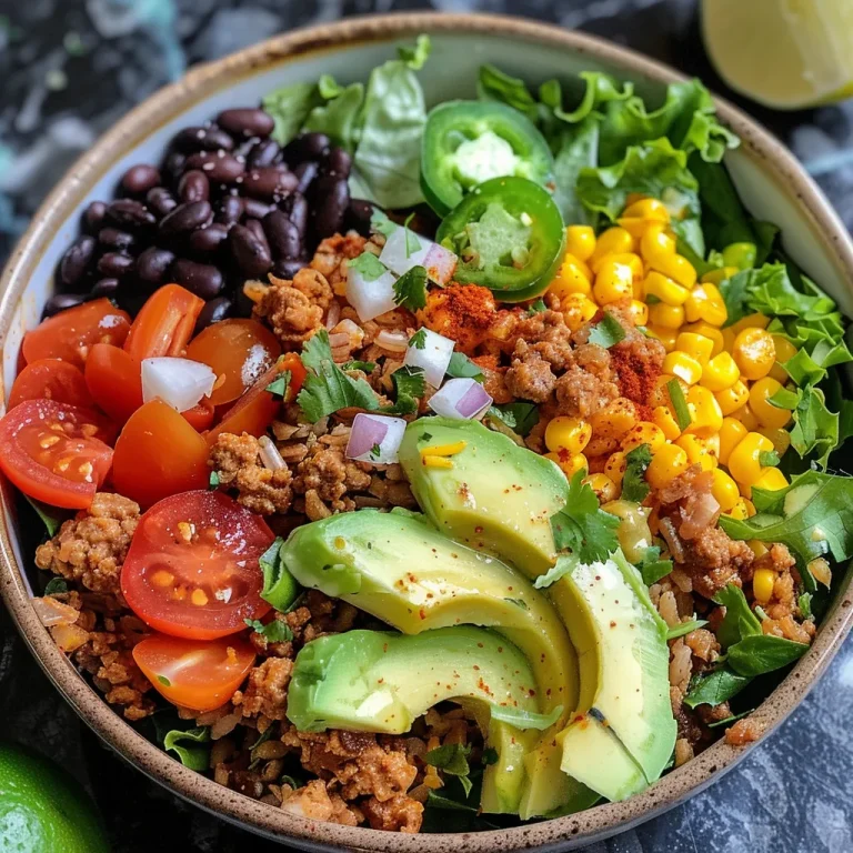 Build Your Own Flavorful Taco Salad Bowls: A Wholesome Twist on a Classic Favorite Close-up view of a colorful taco salad bowl with ground beef and chicken topped with fresh ingredients.