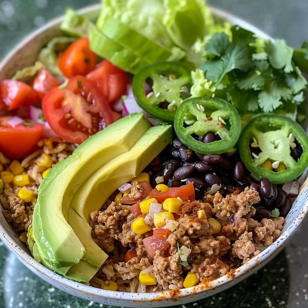 Side view of a vibrant taco salad bowl filled with chopped lettuce, beans, corn, and avocado.