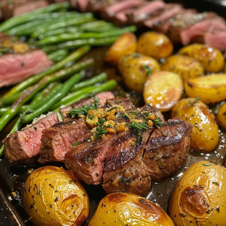 One-Pan Wonder: Herbed Steak Dinner Made Easy Close-up view of a Herbed Steak Sheet Pan Dinner with juicy steak, halved baby potatoes, and green beans.