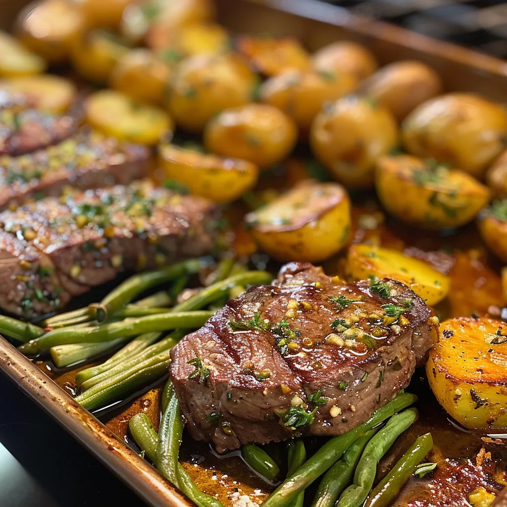 A savory plate of herbed steak alongside seasoned potatoes and vibrant green beans on a sheet pan.