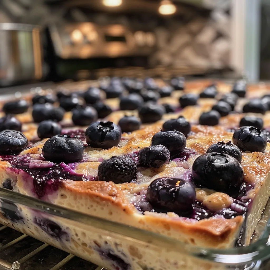 Side angle of a high-protein blueberry breakfast bake with golden crust.