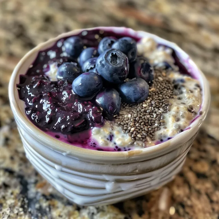 Close-up view of a bowl of high protein blueberry overnight oats with fresh blueberries on top.