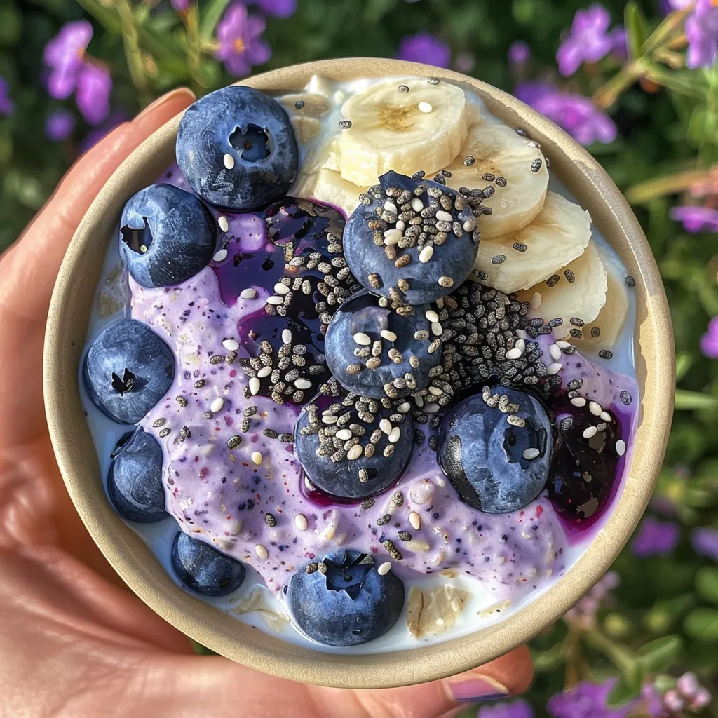 Side perspective of creamy overnight oats featuring blueberries and chia seeds in a glass jar.