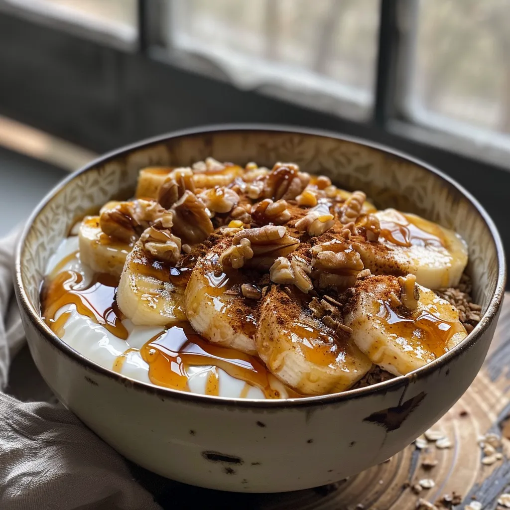 A side perspective of a high-protein caramelized banana bowl with slices of banana and maple syrup.
