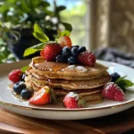Close-up image of stacked high-protein cottage cheese pancakes topped with fresh berries.